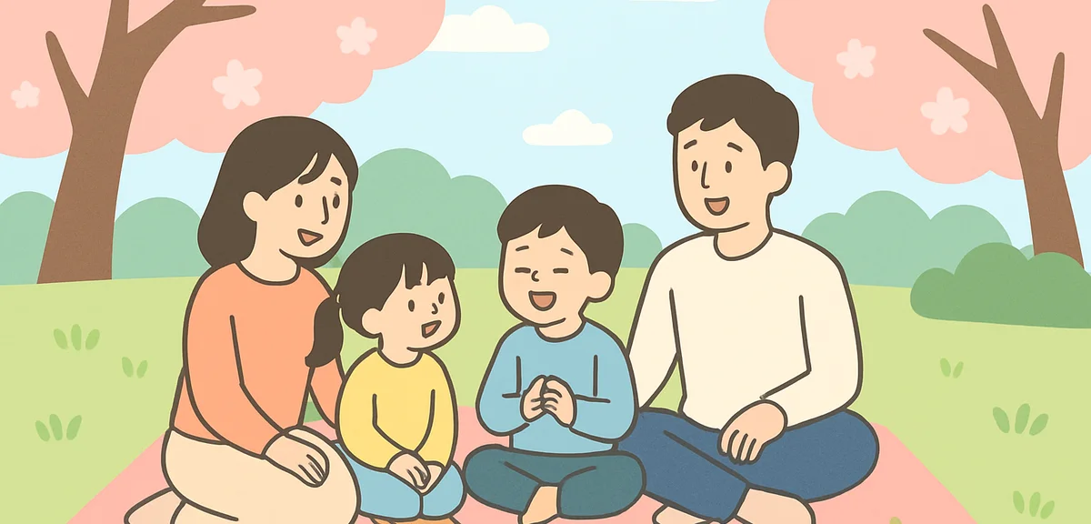 Japanese family enjoying substitute holiday Monday in spring at park, peaceful atmosphere during lon