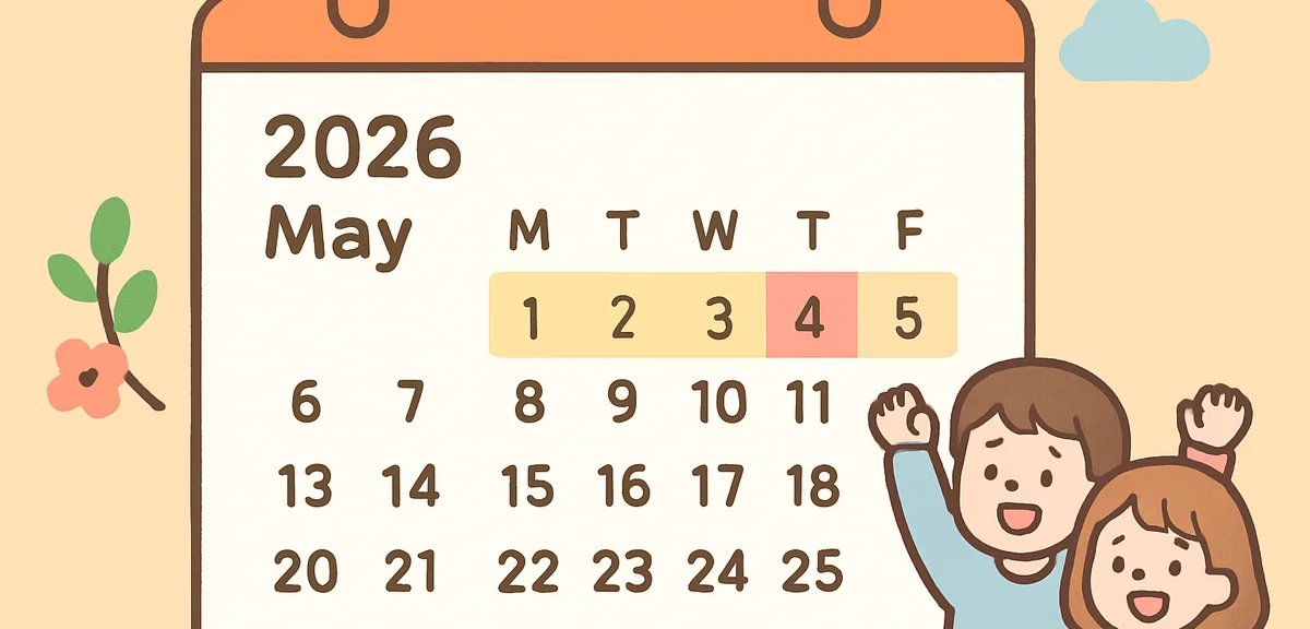 Modern Japanese calendar with 2026 May highlighted showing substitute holiday on May 6 for Constitut