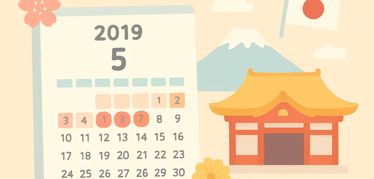 Japanese 2019 calendar showing the historic 10 day Golden Week with imperial succession ceremony not
