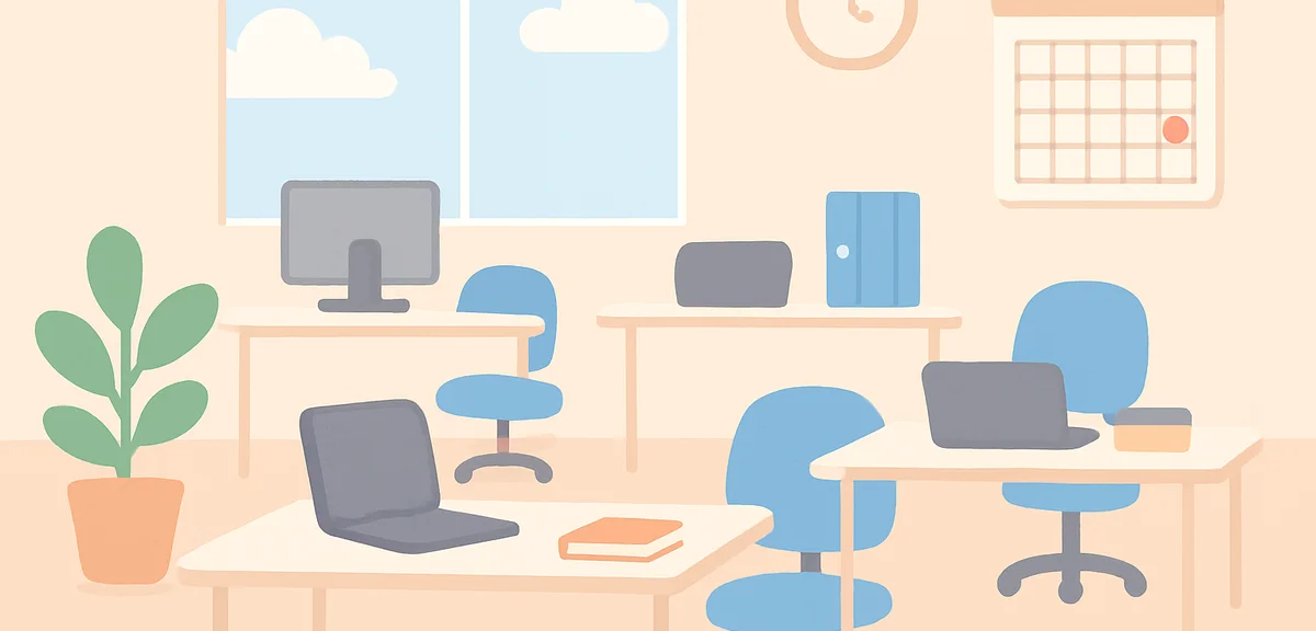 Empty office during Japanese long holiday with deserted desks suggesting nationwide vacation, peacef