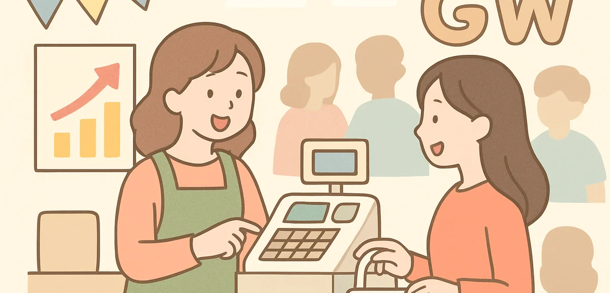 Japanese cash register at busy retail store during Golden Week peak with consumer spending visualiza