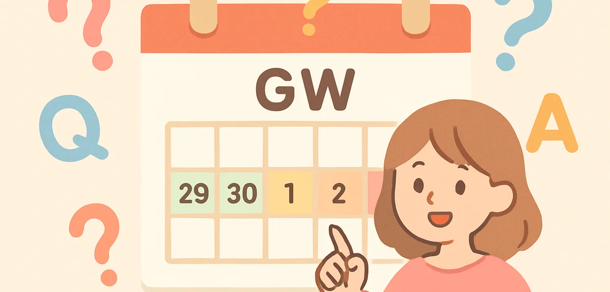 Question marks and Q and A symbols floating around Japanese calendar showing Golden Week dates, conc