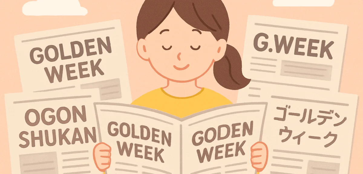 Old newspaper headlines from various decades showing different terms for Golden Week and Ogon Shukan