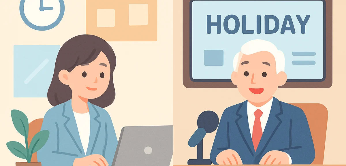 Modern Japanese workplace contrasted with old TV broadcast newsroom showing language evolution of ho