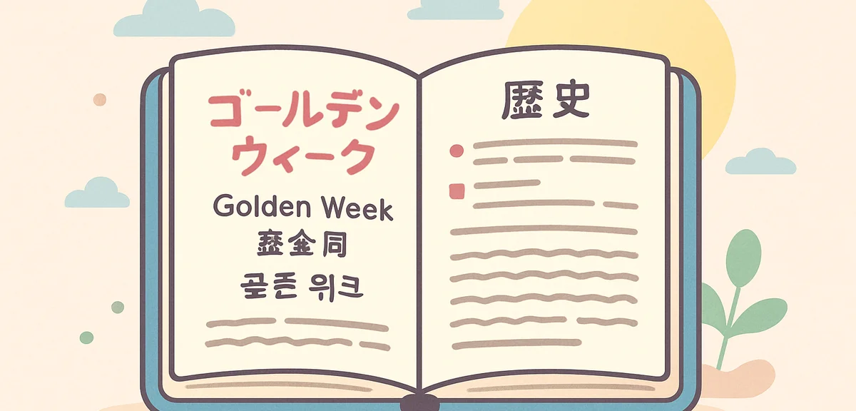 Japanese dictionary opened to Golden Week entry with multiple language references and historical not