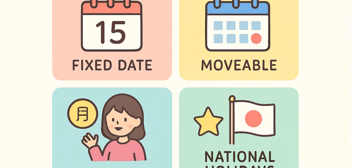 Diagram showing Japanese holiday classifications fixed date moveable Monday substitute and national 