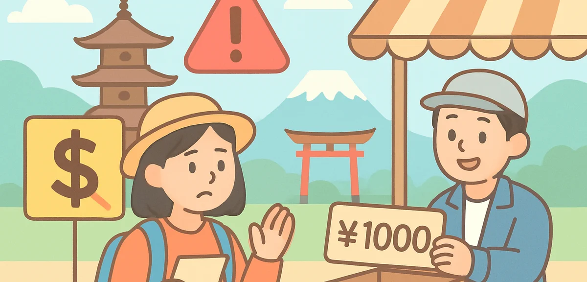 Tourist trap warning signs at Japanese sightseeing destination with overcharged prices illustration 