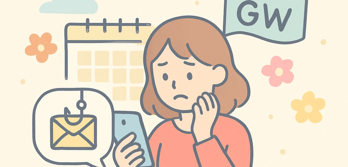 Person looking at suspicious phishing email on smartphone during Golden Week period online safety aw