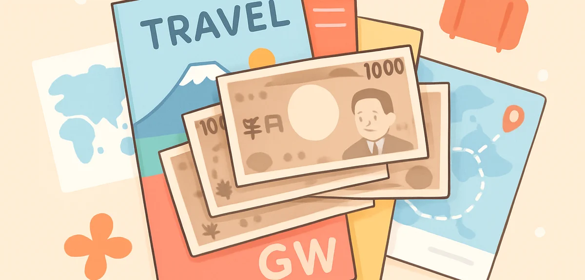 Japanese yen banknotes spread on travel guidebooks and brochures during Golden Week trip planning, b