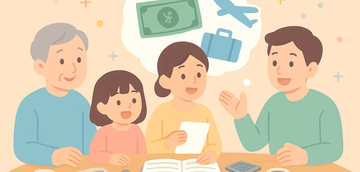 Multi-generation Japanese family discussing Golden Week expenses around dining table, family budget 