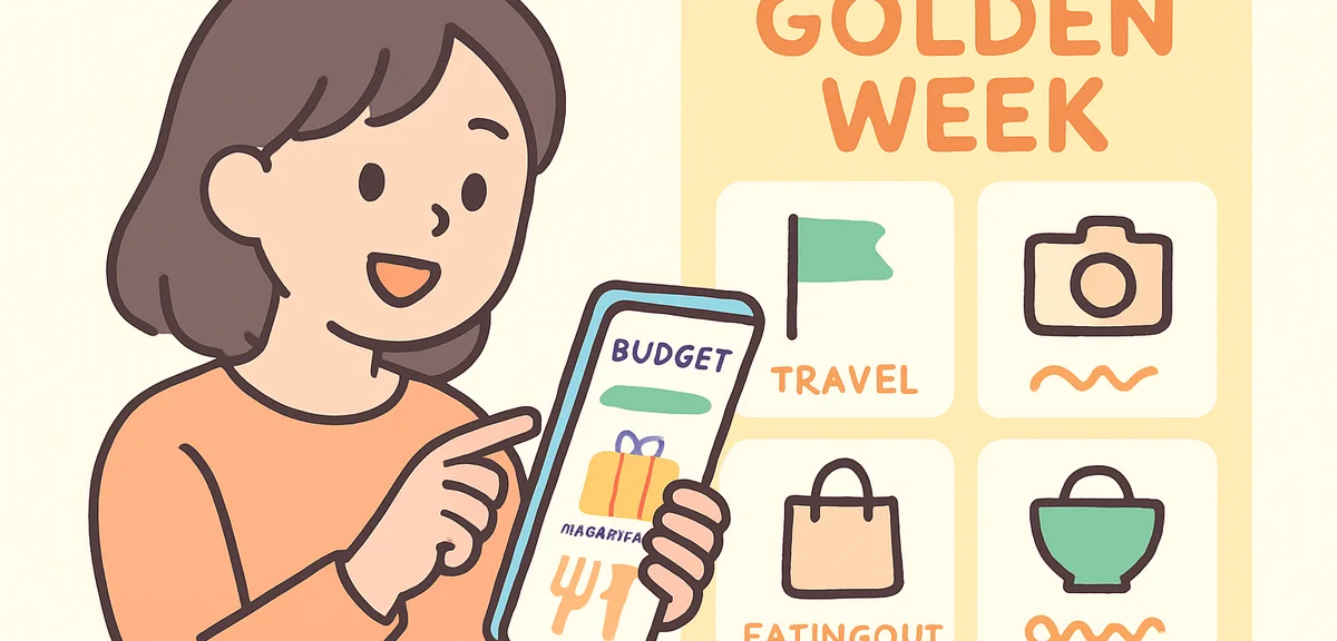 Person checking smartphone budget app with Golden Week expense tracking categories highlighted, mode