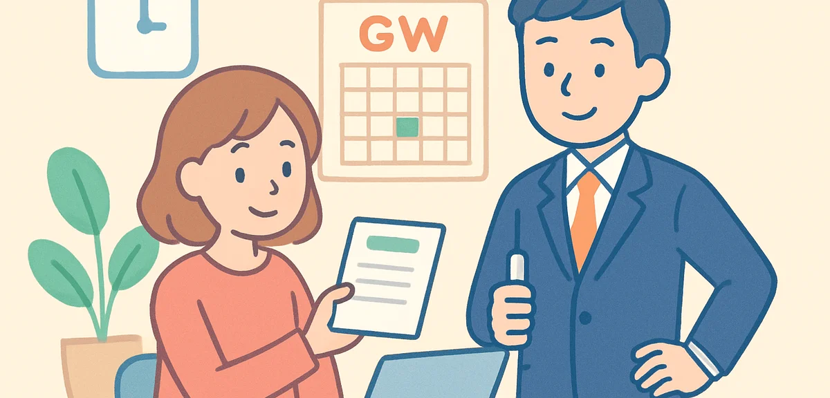 Manager approving paid leave application during Golden Week period in Japanese office, supportive wo