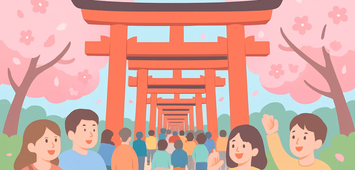 Fushimi Inari shrine torii gates with crowds of visitors during Japanese spring holiday, vermillion 