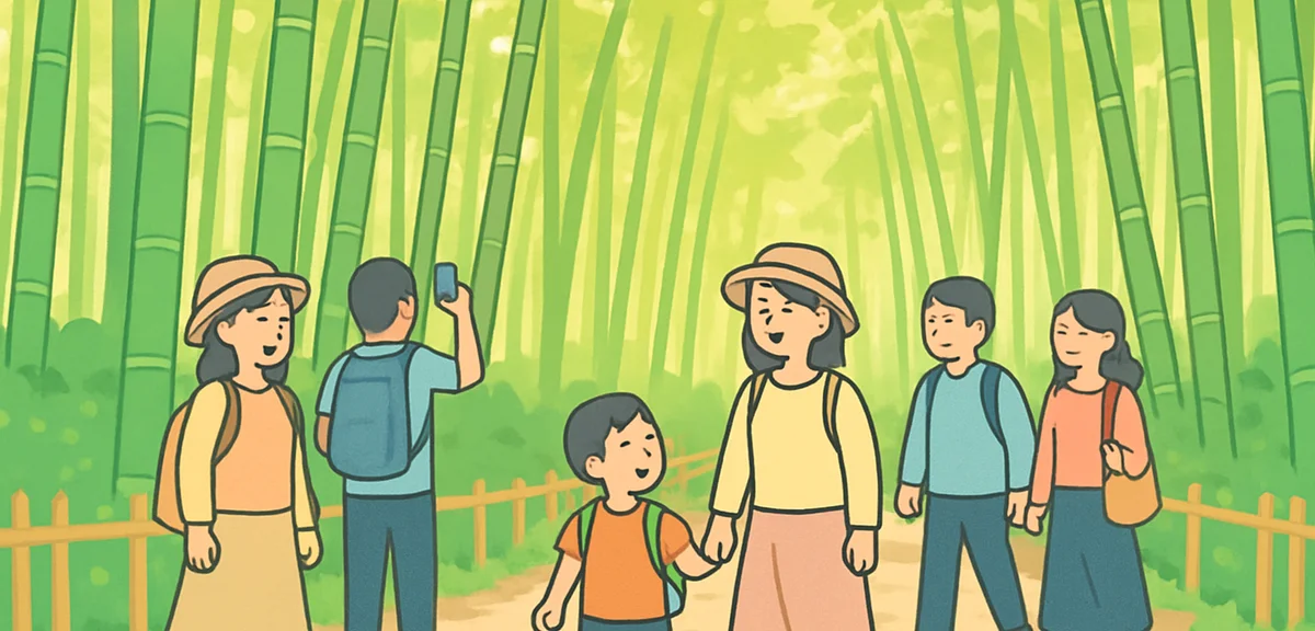 Arashiyama bamboo grove with tourists during Golden Week peak season, dappled sunlight, peaceful but