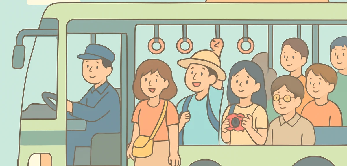 Kyoto city bus crowded with tourists during Golden Week peak hours, busy public transportation scene