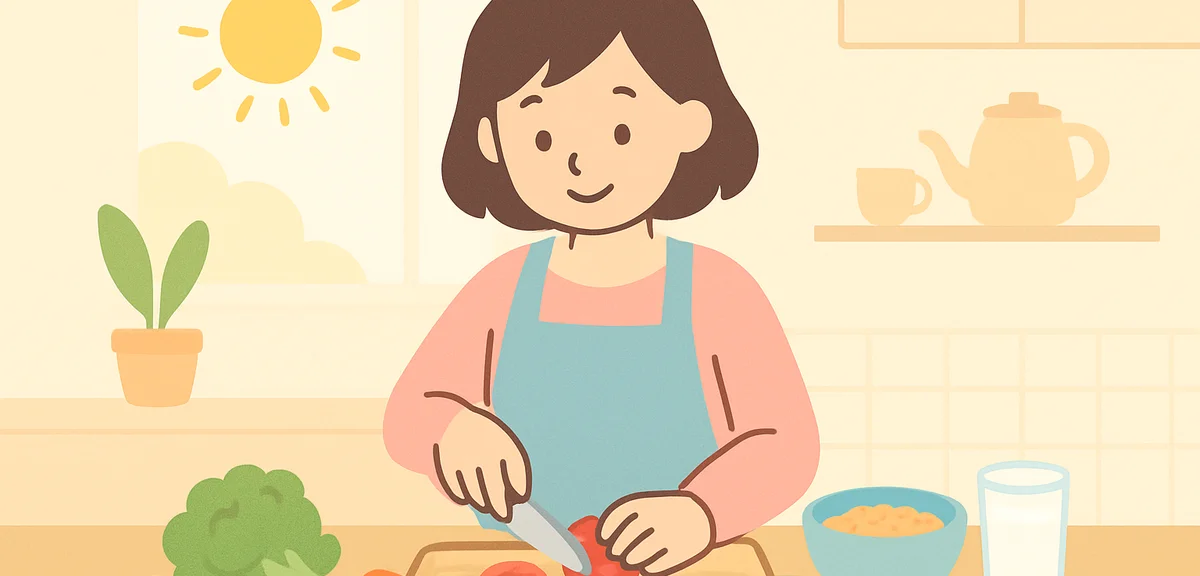 Japanese person preparing healthy breakfast with vegetables and balanced nutrition during morning ro