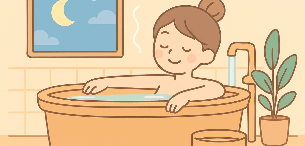 Person taking peaceful evening bath in Japanese style bathroom with warm water, relaxation before sl