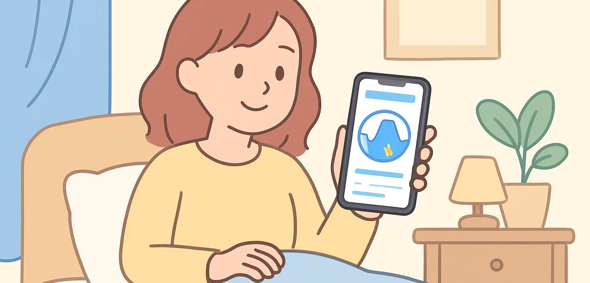 Smartphone showing sleep tracking app with circadian rhythm graph, modern health monitoring at bedsi