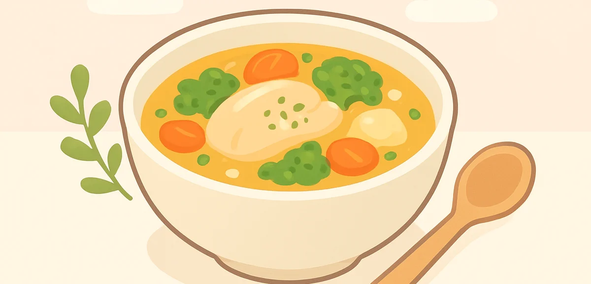 Bowl of homemade chicken vegetable soup with herbs, warm comforting recovery meal in Japanese style