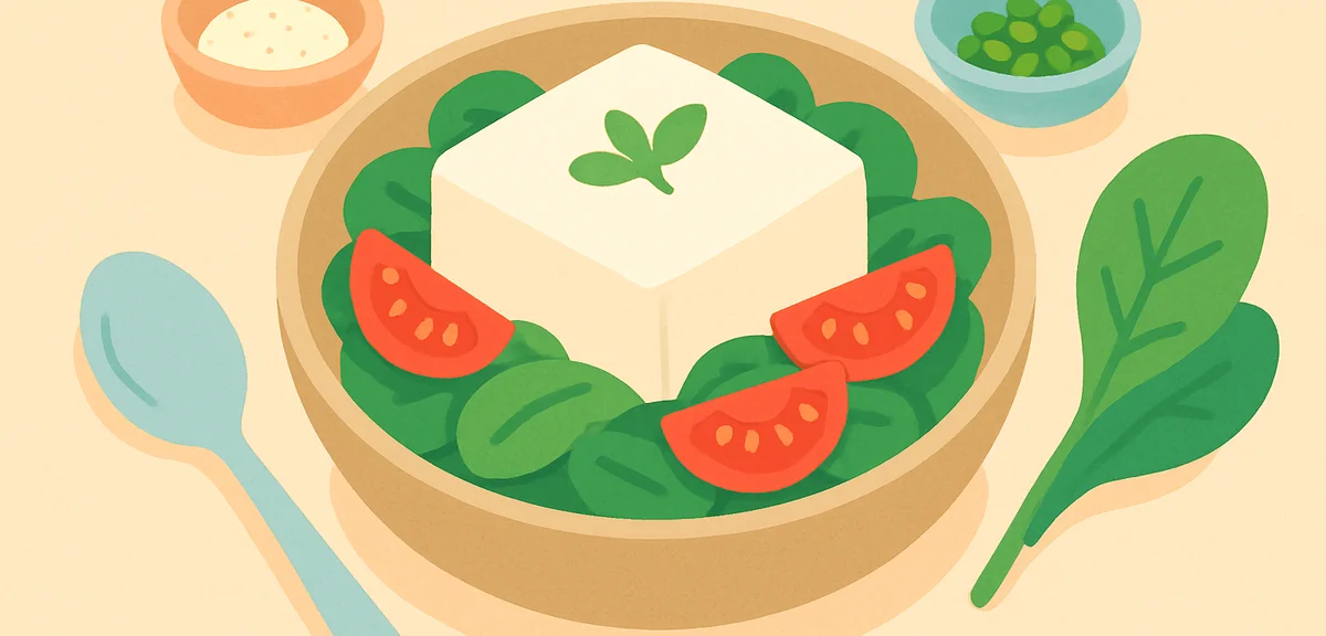 Tofu and spinach dish with tomatoes and garnish, Japanese healthy recovery meal preparation