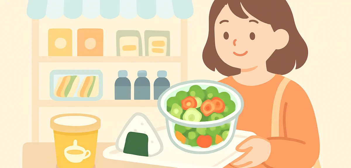 Convenience store healthy meal selection with salad, soup and rice ball during recovery period, mode