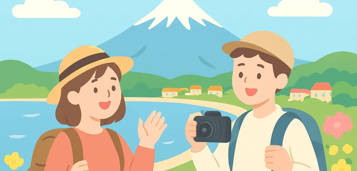 Shizuoka coastal area with Mount Fuji visible, warm spring weather and travelers enjoying the view