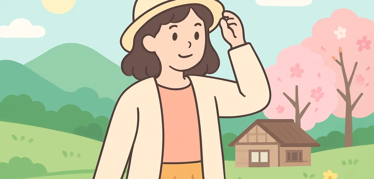 Person wearing layered spring outfit with light cardigan and short sleeves in Japanese countryside, 