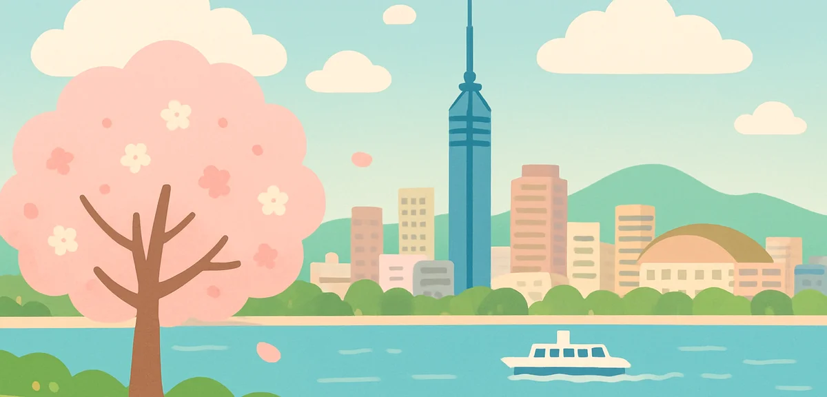 Fukuoka city with Hakata Bay view during partly cloudy spring day, urban Japanese atmosphere