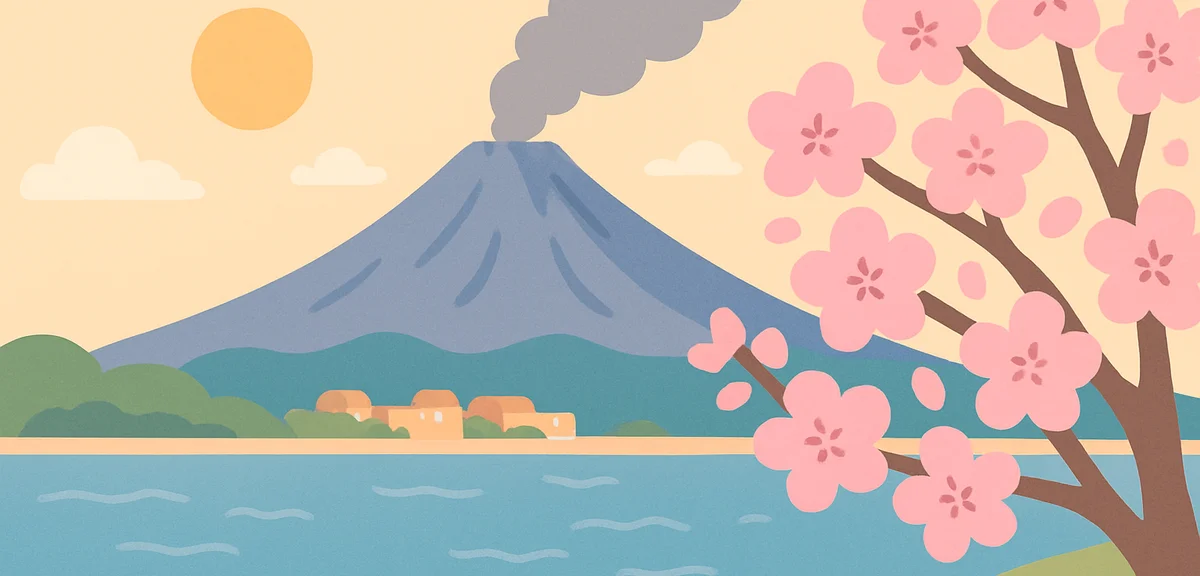 Sakurajima volcano in Kagoshima with bay scenery during spring evening, southern Kyushu warm climate