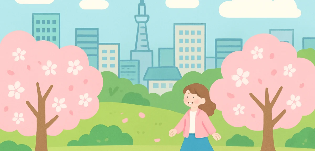 Sendai city with green parks during partly cloudy spring day, urban Japanese atmosphere with cherry 