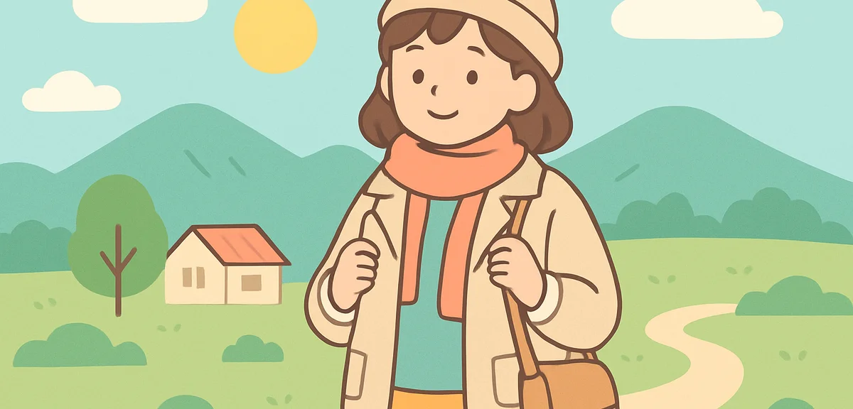 Person wearing layered spring outfit with light jacket in Tohoku countryside, weather adaptation for