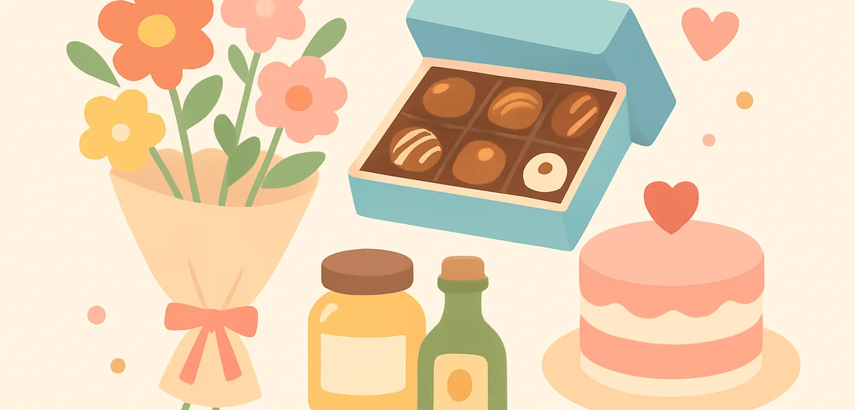 Various Mother's Day gift options including flowers, sweets, and gourmet items beautifully arranged