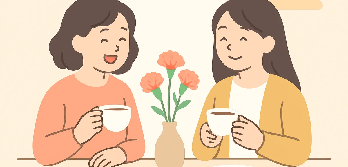 Mother and adult daughter sharing tea moment with carnation flowers, warm family atmosphere