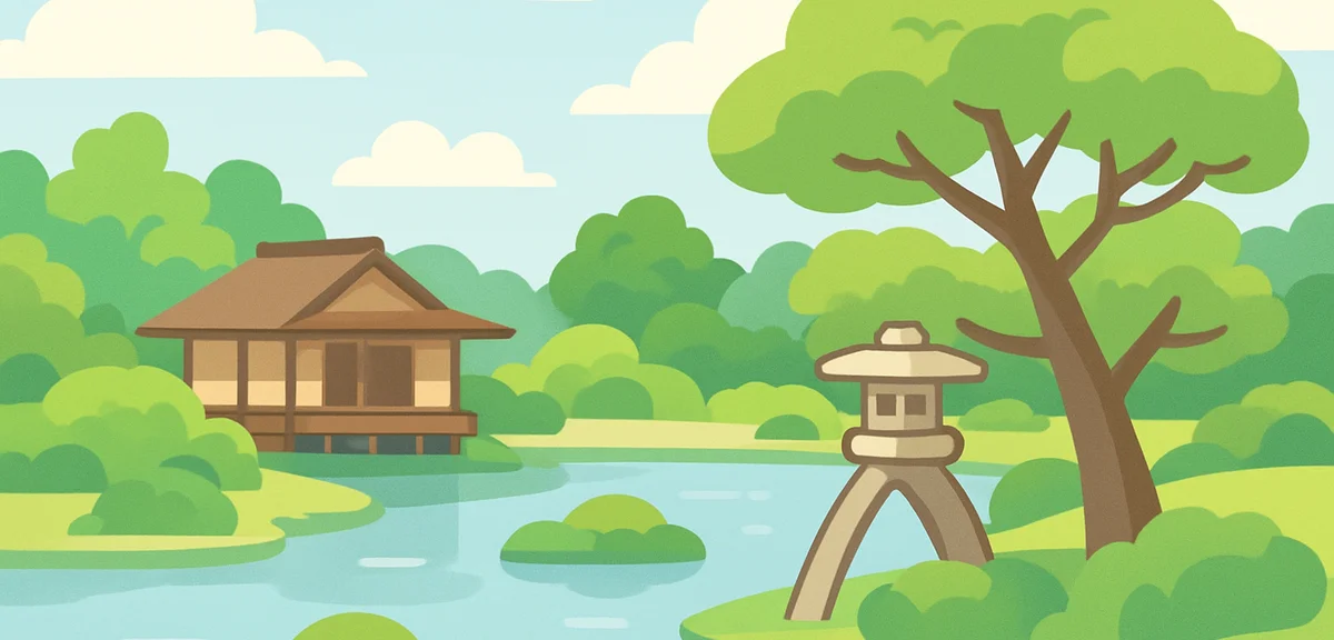 Kanazawa Kenrokuen garden with fresh greenery during partly cloudy spring day, traditional Japanese 