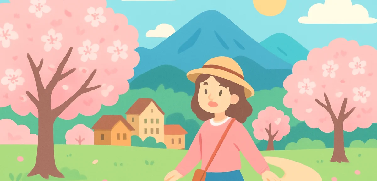 Karuizawa highland resort with cherry blossoms during sunny Golden Week day, mountain scenery