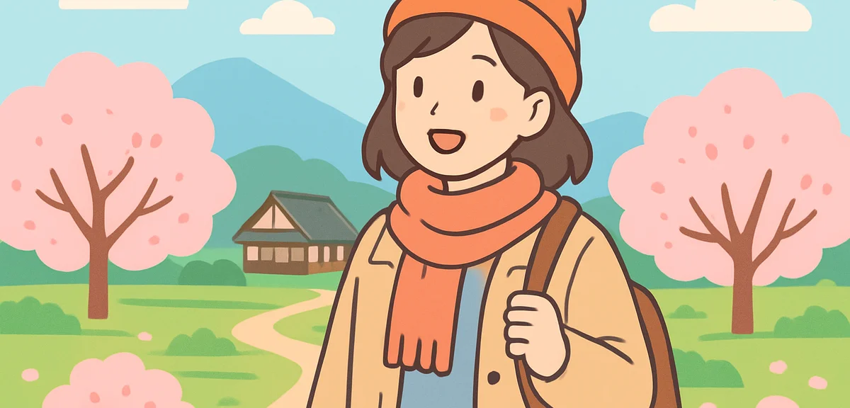 Person wearing layered spring outfit with light jacket in Hokuriku countryside, weather adaptation f