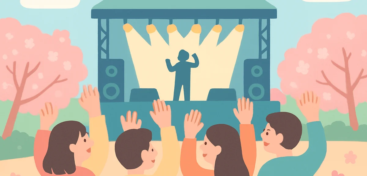 Concert audience cheering at outdoor music festival in Japan during spring, hands raised, stage ligh
