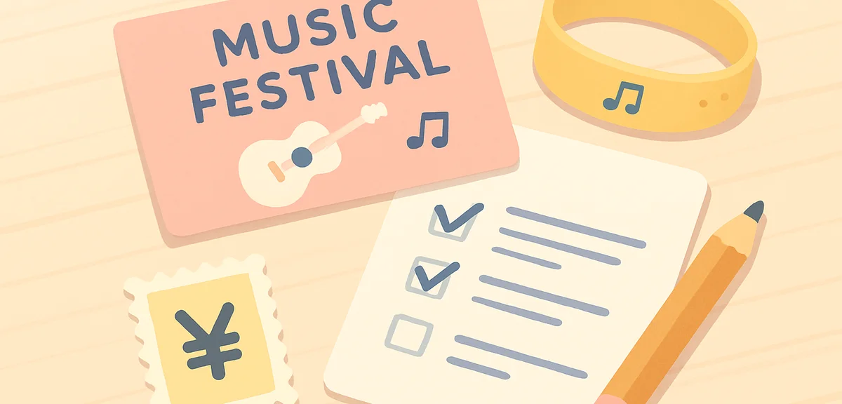 Music festival ticket and wristband with Japanese yen, planning concept on wooden table, soft daylig