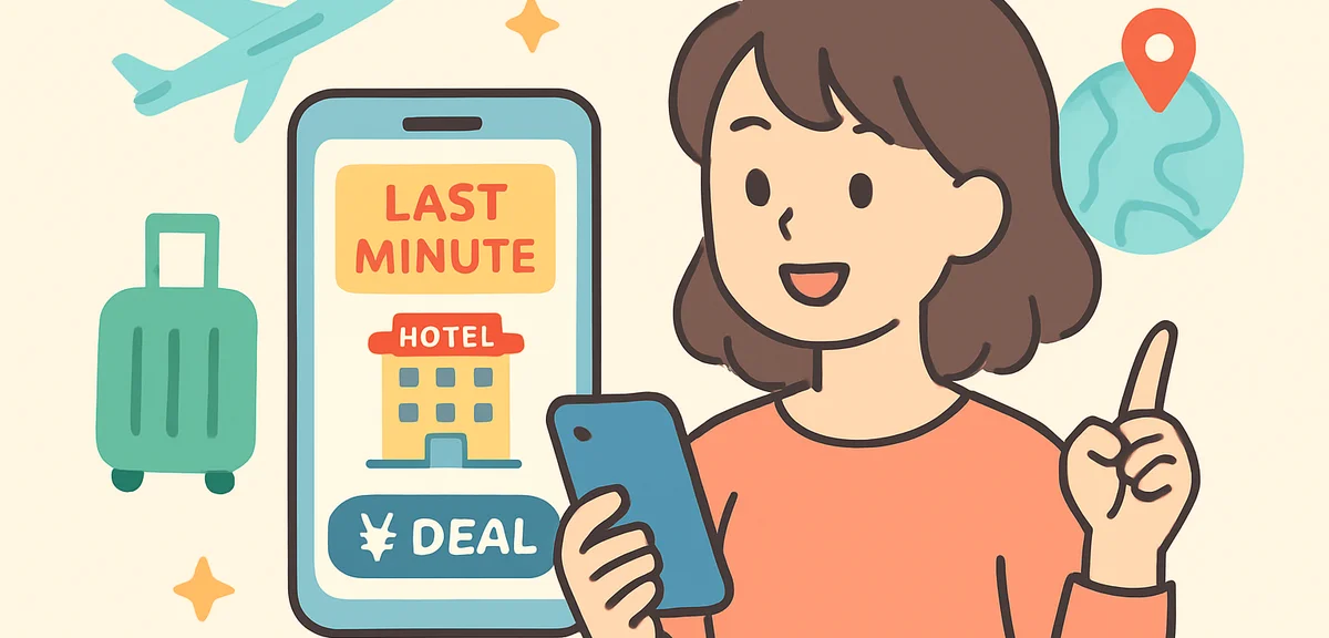 Smartphone showing hotel booking app with last minute deals, Japanese yen visible, travel planning c