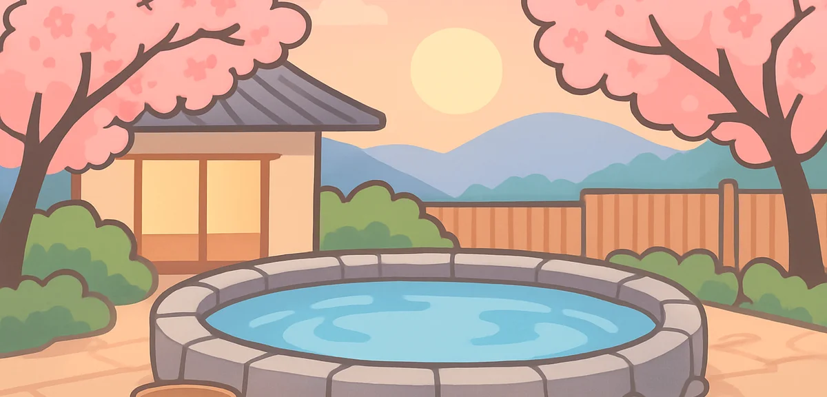 Empty hot spring outdoor bath at Japanese ryokan during cherry blossom season, peaceful evening atmo