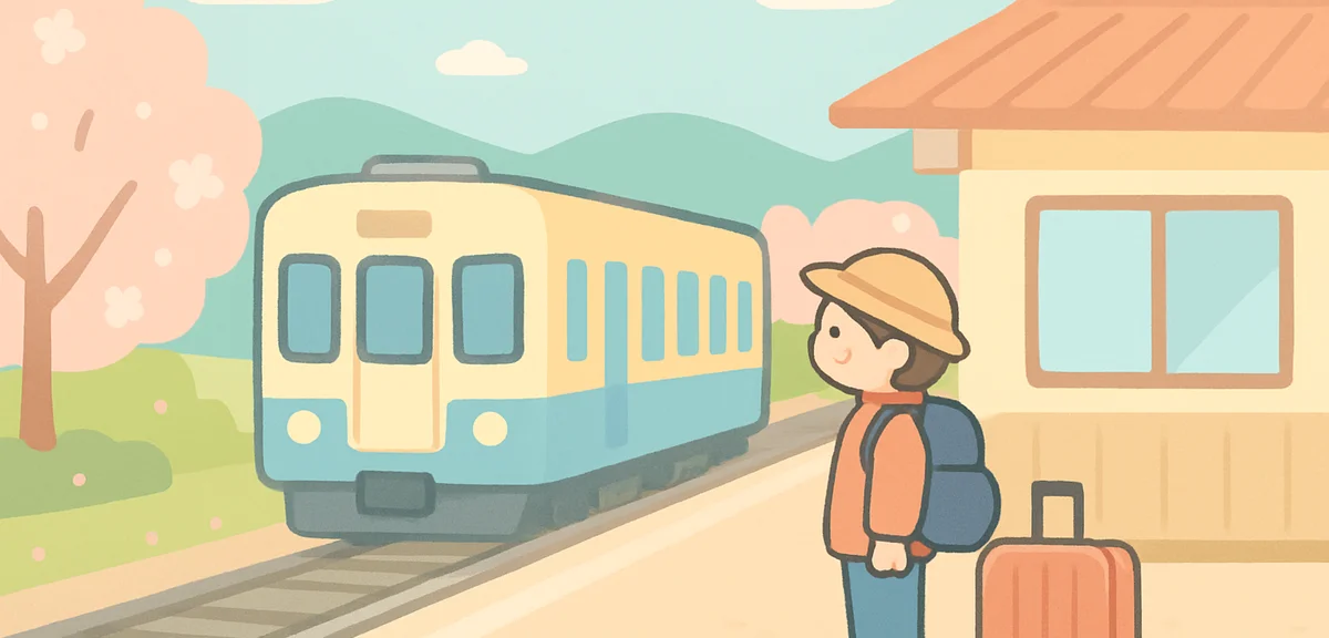 Train arriving at small Japanese station with traveler waiting, suitcase ready, spring afternoon, co