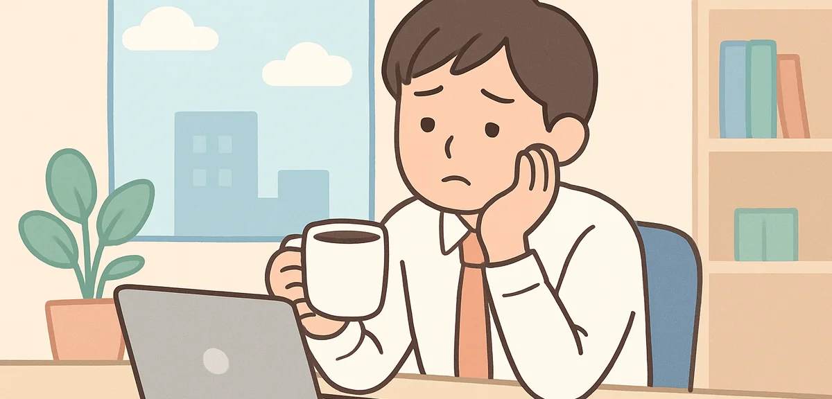 Tired Japanese office worker at desk holding coffee cup, looking out window with concerned expressio