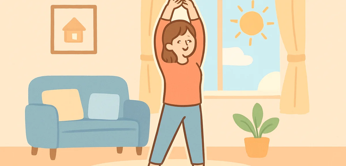 Person doing morning stretching exercise in living room with sunlight streaming through curtains, he