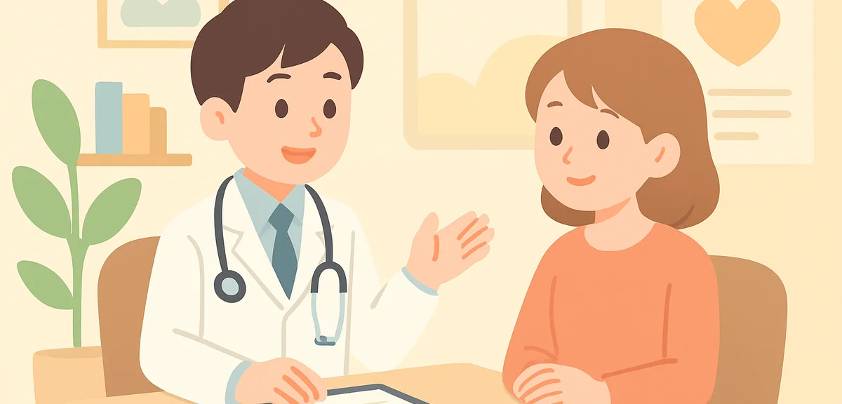Doctor consulting with patient in modern Japanese clinic, supportive atmosphere, professional medica