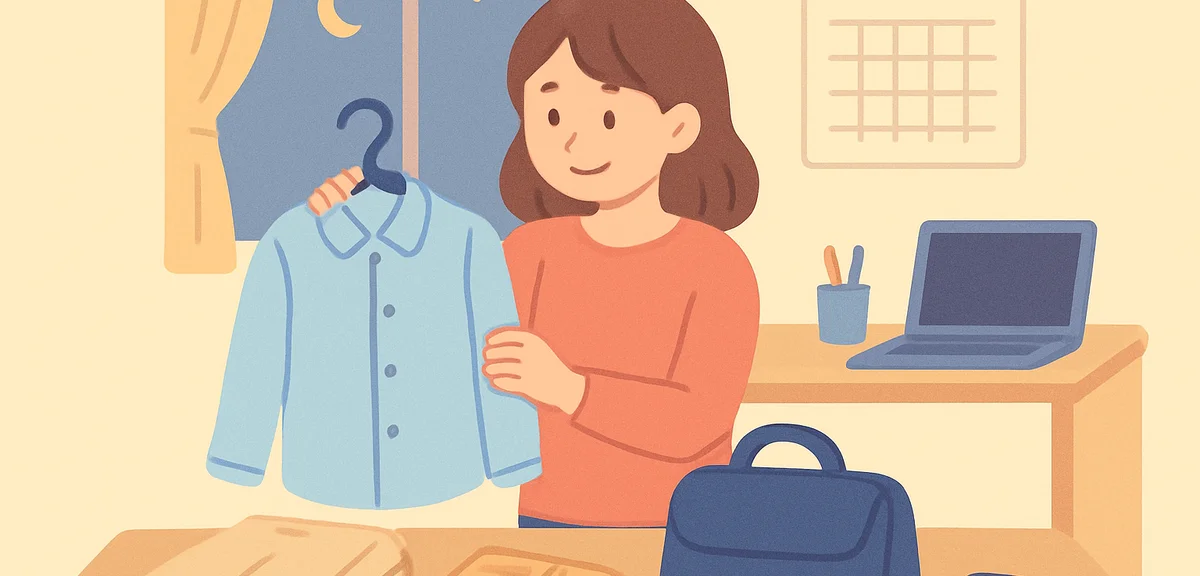 Person preparing work outfit and packing bag the night before going back to work, organized desk, so