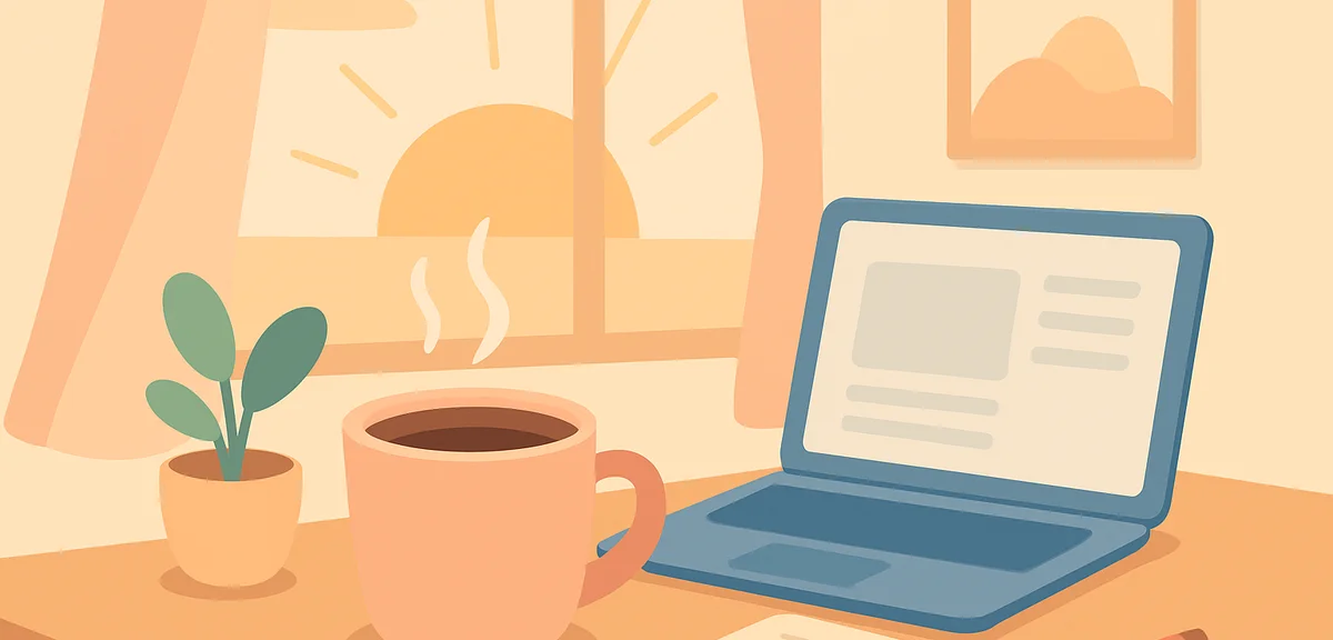 Cup of coffee and morning routine setup at desk with sunrise light streaming through window, product