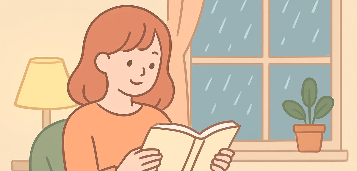 Person reading book by window with rain falling outside, cozy indoor scene, warm lamp light, peacefu