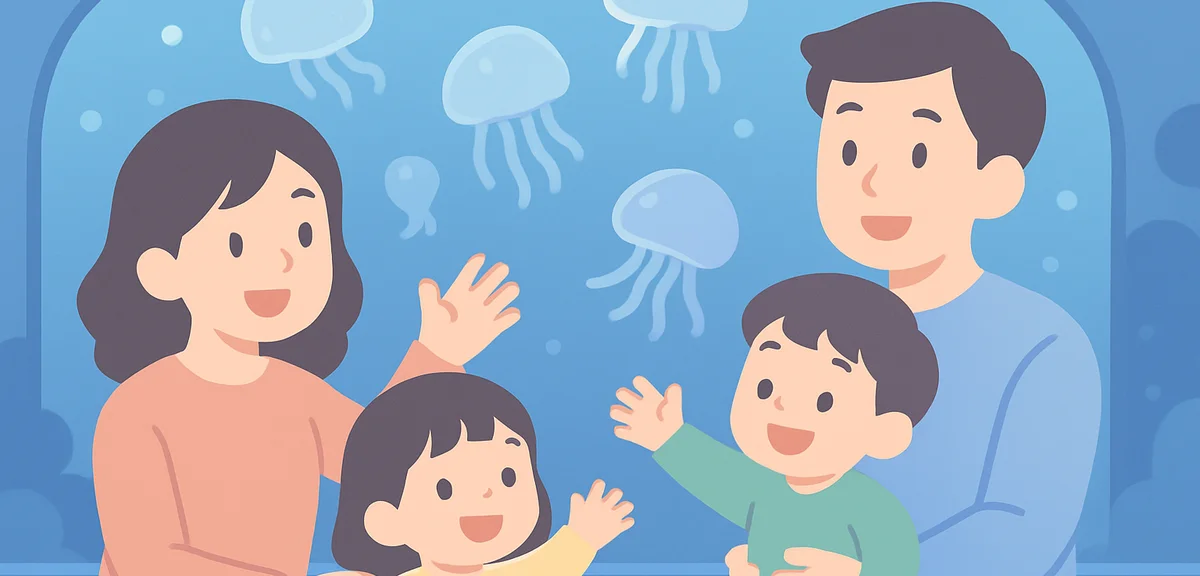 Family enjoying time at modern Japanese aquarium watching jellyfish, rainy day indoor activity, soft
