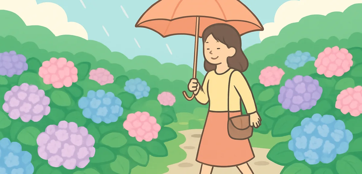 Beautiful Japanese hydrangea garden with stone path during rainy season, lush greenery, peaceful wal