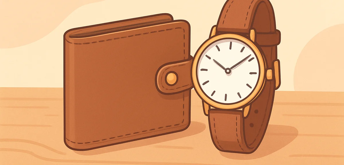 Stylish men's leather wallet and watch displayed elegantly on wooden surface, premium gift items, so